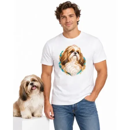 Pánské tričko Shih-tzu – bílé na muži se psem