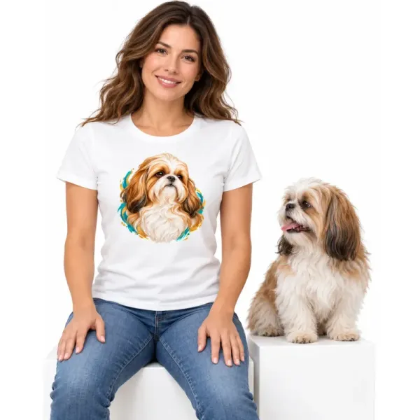 Dámské tričko Shih-tzu – bílé na ženě se psem