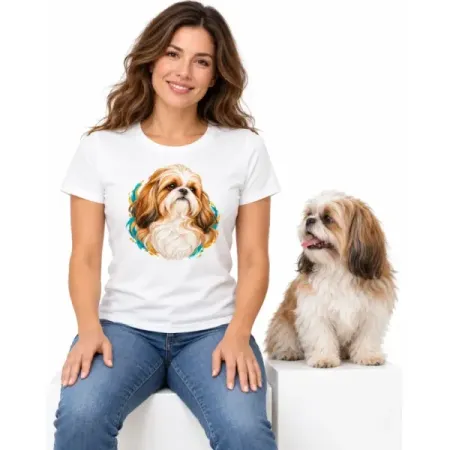 Dámské tričko Shih-tzu – bílé na ženě se psem