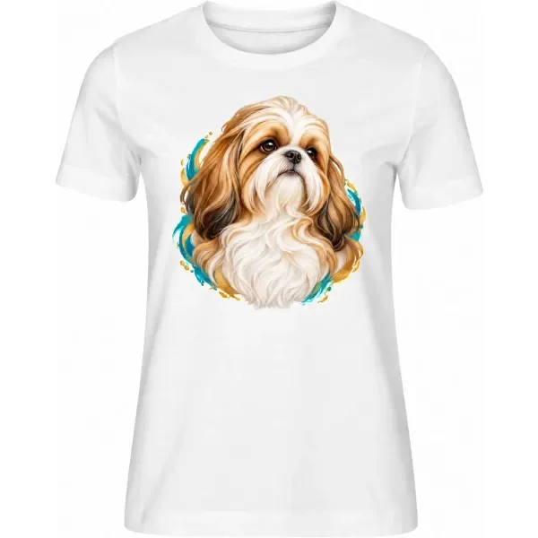 Dámské tričko Shih-tzu – bílé – samostatné tričko s barevným portrétem