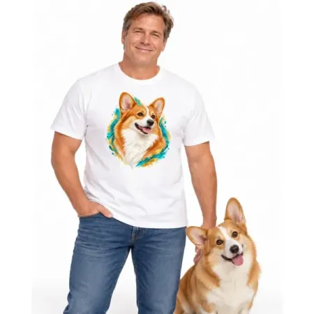Pánské tričko Welsh corgi pembroke – bílé na muži se psem