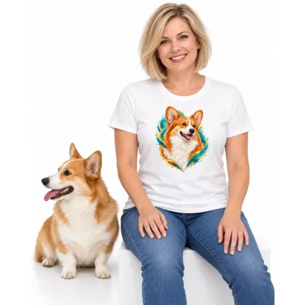 Dámské tričko Welsh corgi pembroke – bílé na ženě se psem