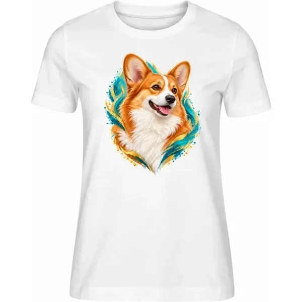Dámské tričko Welsh corgi pembroke – bílé – samostatné tričko s barevným portrétem