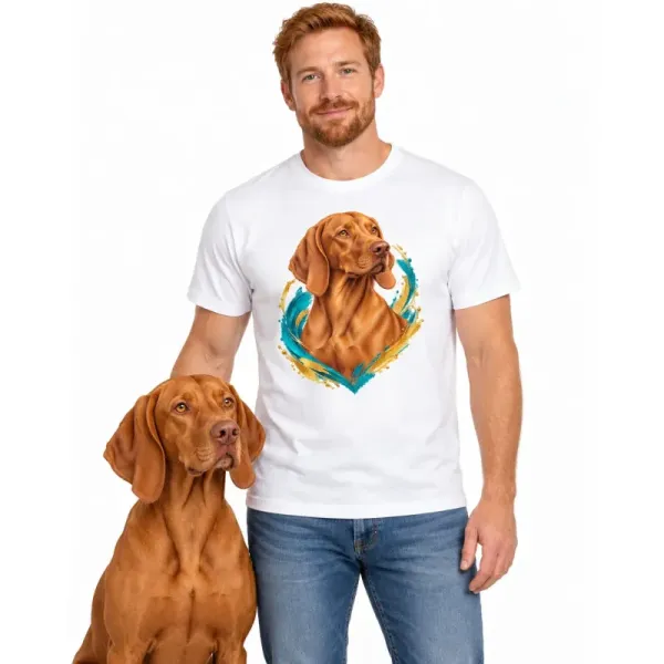Pánské tričko Maďarský ohař (vizsla) – bílé na muži se psem