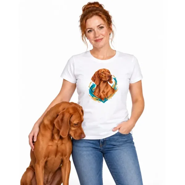Dámské tričko Maďarský ohař (vizsla) – bílé na ženě se psem