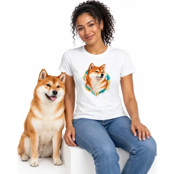 Dámské tričko Shiba inu – bílé na ženě se psem