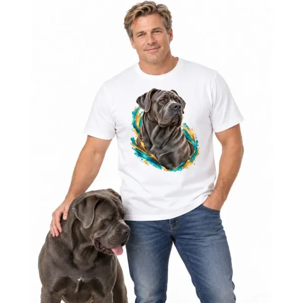 Pánské tričko Cane corso – bílé na muži se psem
