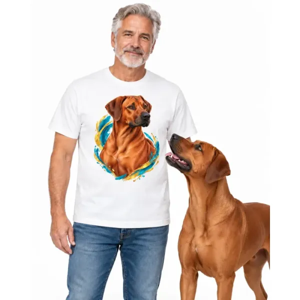 Pánské tričko Rhodéský ridgeback – bílé na muži se psem