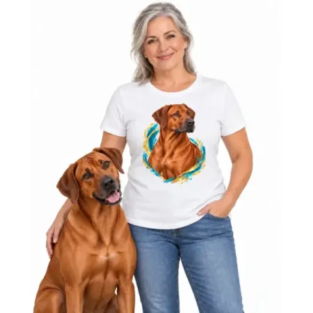 Dámské tričko Rhodéský ridgeback – bílé na ženě se psem