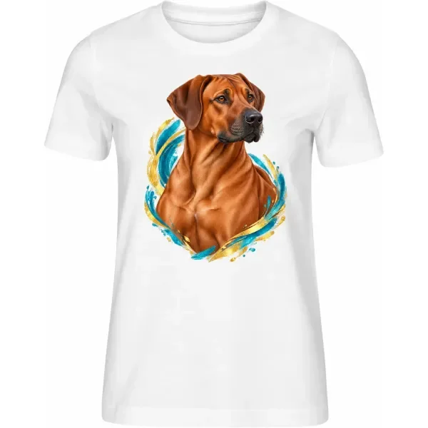 Dámské tričko Rhodéský ridgeback – bílé – samostatné tričko s barevným portrétem