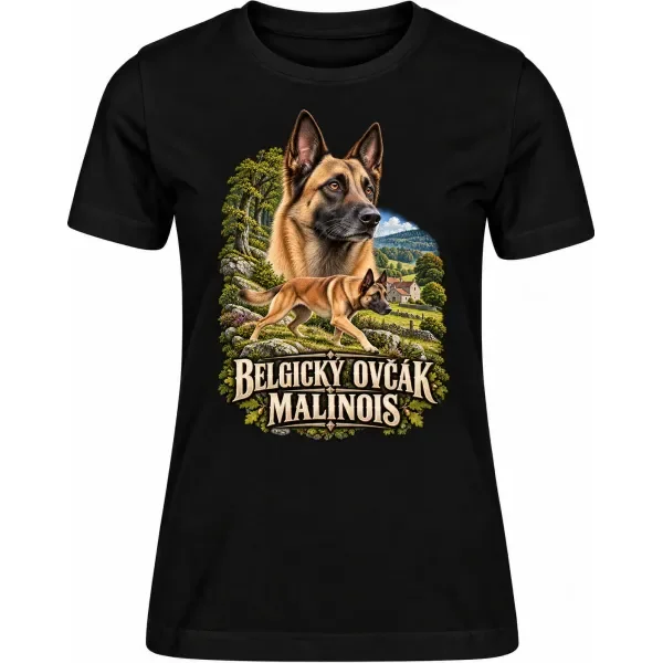 Dámské tričko Malinois (Belgický ovčák) – ve svém živlu – detail trička