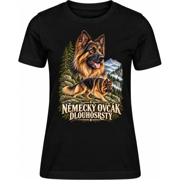 Dámské tričko Německý ovčák (dlouhosrstý) – ve svém živlu – detail trička