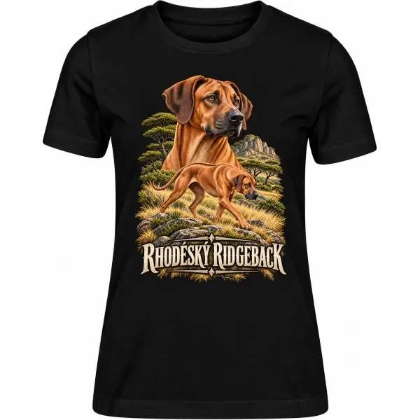Dámské tričko Rhodéský ridgeback – ve svém živlu – detail trička
