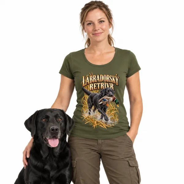 Dámské tričko Labradorský retrívr – lovecký motiv, military