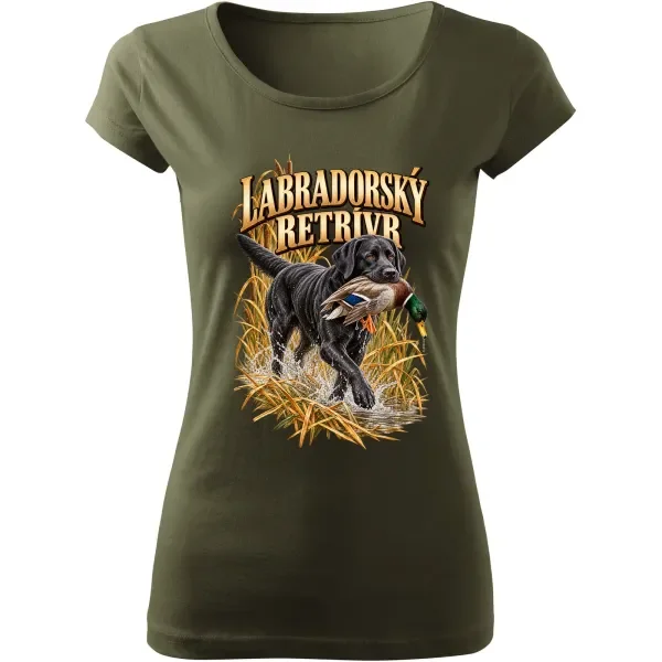 Dámské tričko Labradorský retrívr – lovecký motiv, military