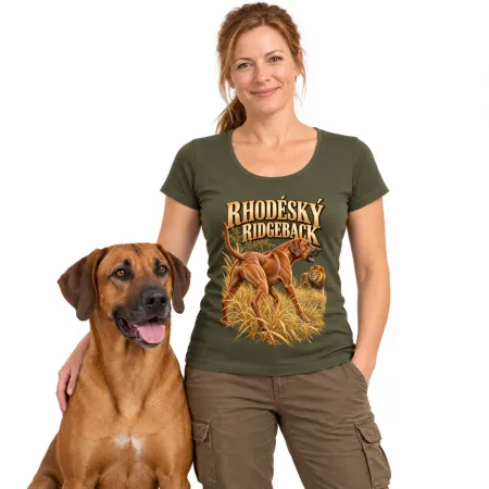 Dámské tričko Rhodéský ridgeback – lovecký motiv, military