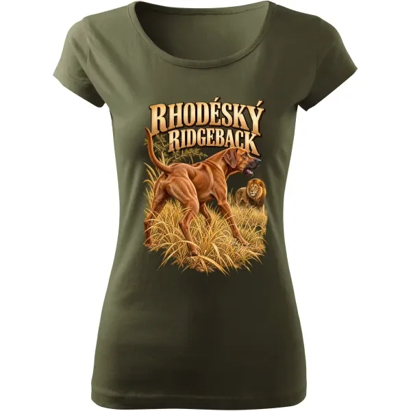 Dámské tričko Rhodéský ridgeback – lovecký motiv, military