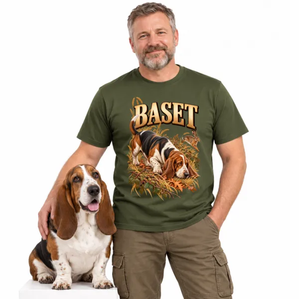 Pánské tričko Baset – lovecký motiv, military