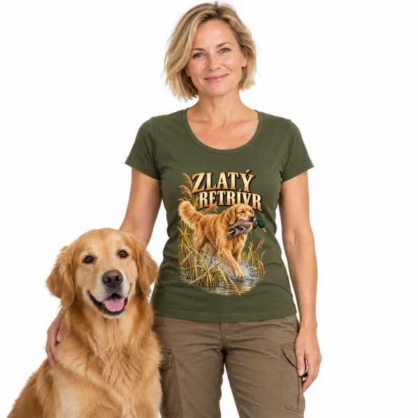 Dámské tričko Zlatý retrívr – lovecký motiv, military – model se psem