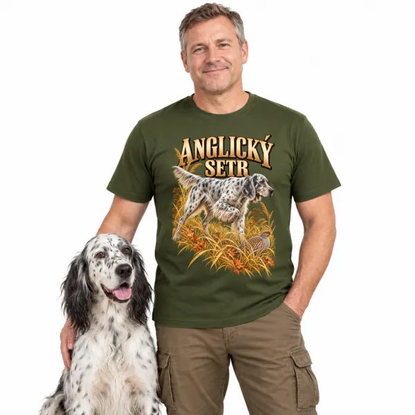 Pánské tričko Anglický setr – lovecký motiv, military – katalogový snímek