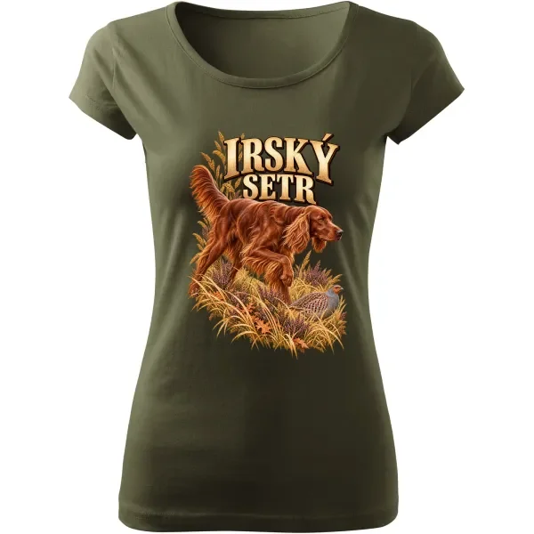 Dámské tričko Irský setr – lovecký motiv, military