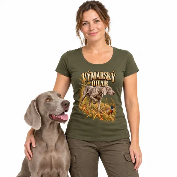Dámské military tričko Výmarský ohař – modelka se psem