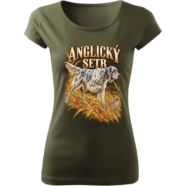 Dámské tričko Anglický setr – lovecký motiv, military