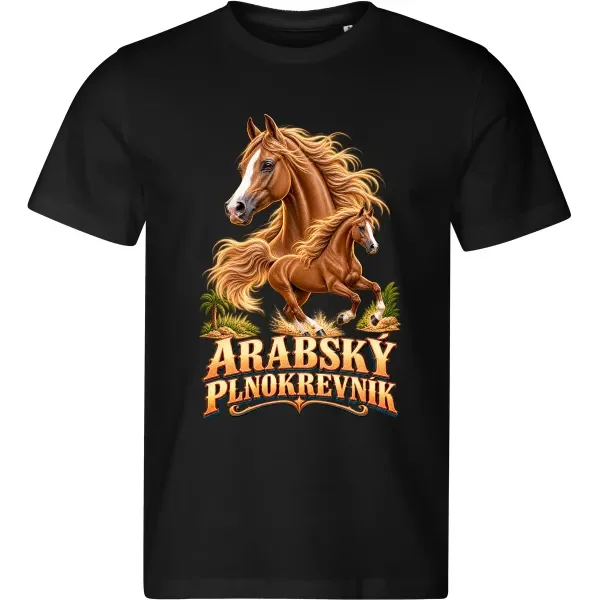 Pánské černé tričko s potiskem Arabský plnokrevník (hnědý kůň)