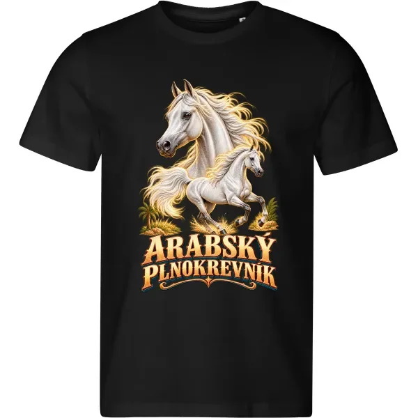 Pánské černé tričko s potiskem Arabský plnokrevník (bílý kůň)