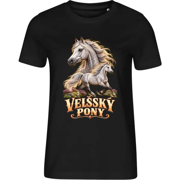 Dámské černé tričko s potiskem Velšský pony