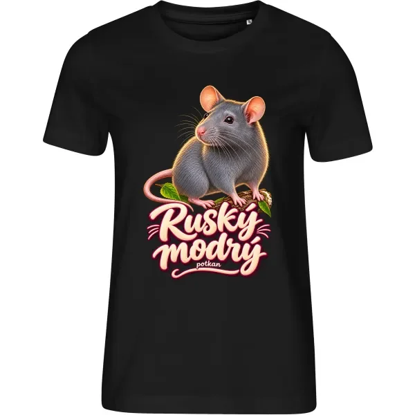 Dámské černé tričko s potiskem Potkan ruský modrý