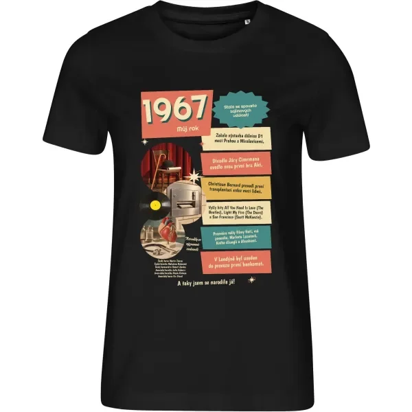 Dámské černé tričko Můj rok 1967 – dárek k narozeninám s retro potiskem
