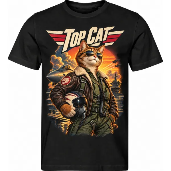 Pánské černé tričko TOP CAT, kočka v pilotní bundě