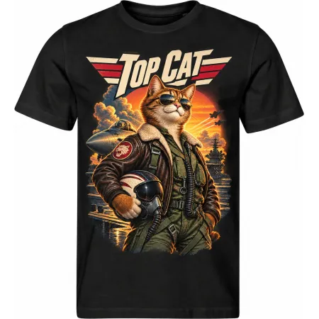 Pánské černé tričko TOP CAT, kočka v pilotní bundě