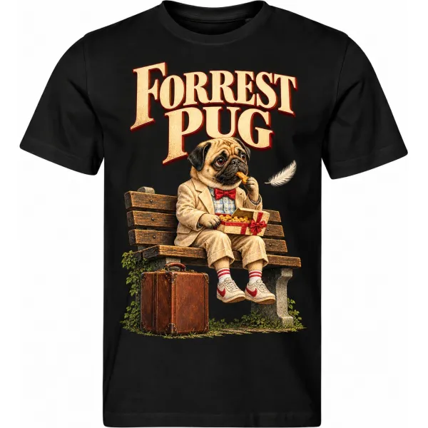 Pánské černé tričko FORREST PUG, mops na lavičce