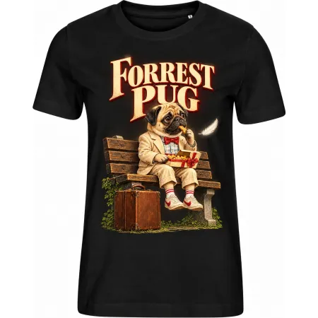 Dámské černé tričko FORREST PUG, mops na lavičce