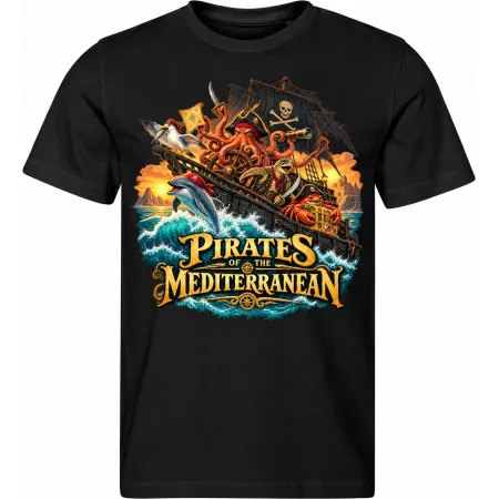 Pánské černé tričko PIRATES OF THE MEDITERRANEAN, mořská pirátská posádka