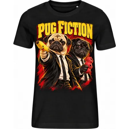 Dámské černé tričko PUG FICTION, dvojice mopsů v oblecích