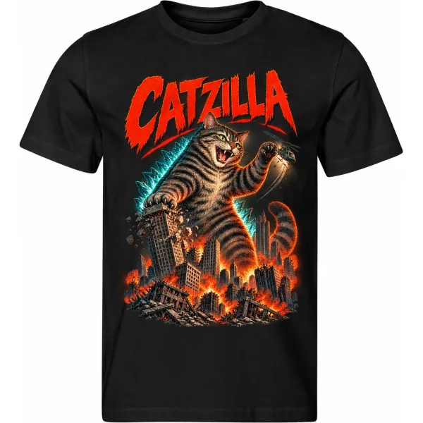 Pánské černé tričko CATZILLA, obří kočka nad městem