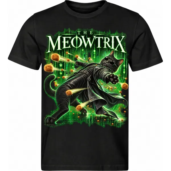Pánské černé tričko THE MEOWTRIX – kočka uhýbající granulím