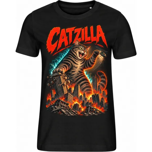 Dámské černé tričko CATZILLA, obří kočka nad městem