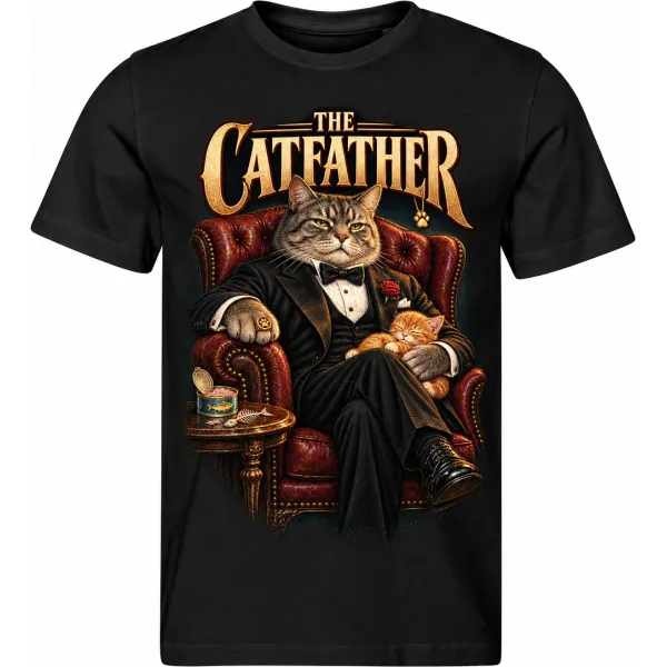 Pánské černé tričko THE CATFATHER, kočičí mafián v křesle