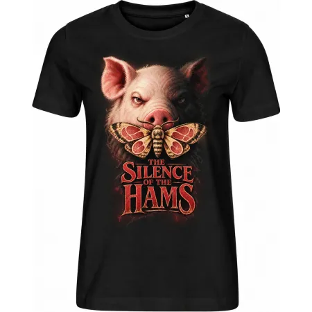 Dámské černé tričko THE SILENCE OF THE HAMS, prase s nočním motýlem