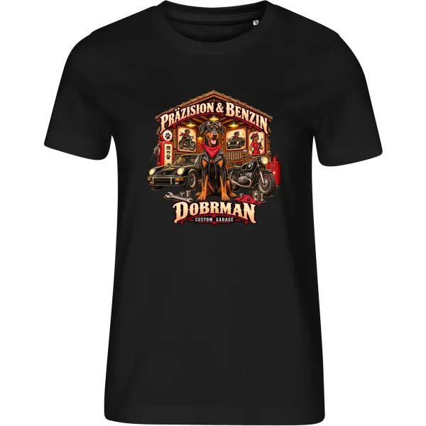 Černé dámské tričko Dobrman – Custom Garage – psí motorkářský motiv