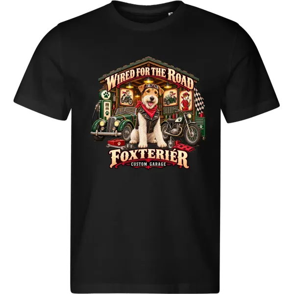 Černé pánské tričko Foxteriér – Custom Garage – psí motorkářský motiv