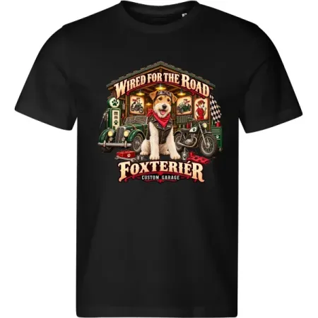 Černé pánské tričko Foxteriér – Custom Garage – psí motorkářský motiv