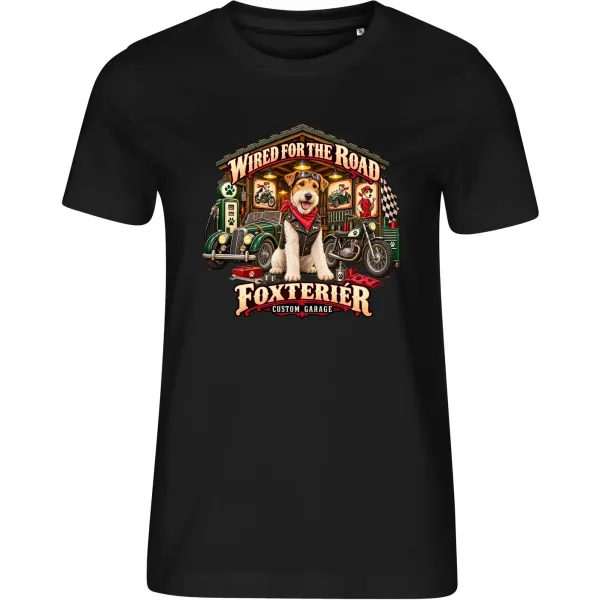 Černé dámské tričko Foxteriér – Custom Garage – psí motorkářský motiv