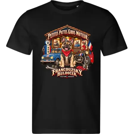 Černé pánské tričko Francouzský buldoček – Custom Garage – psí motorkářský motiv