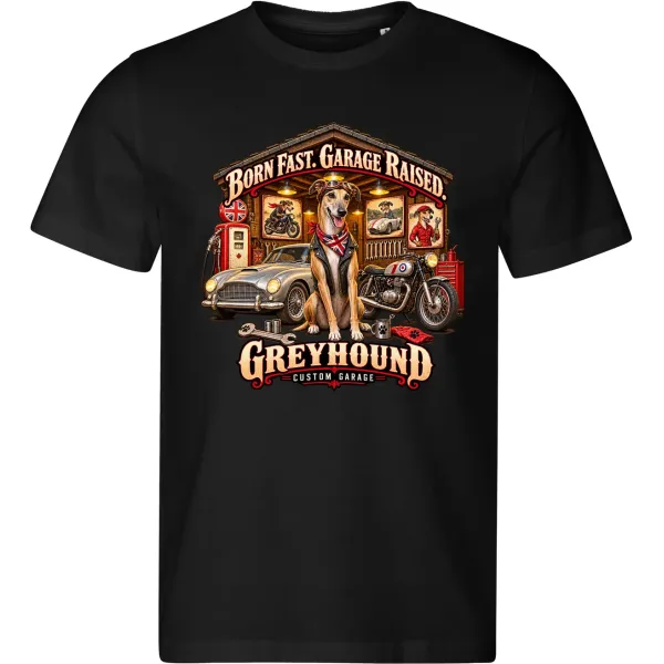 Černé pánské tričko Greyhound – Custom Garage – psí motorkářský motiv