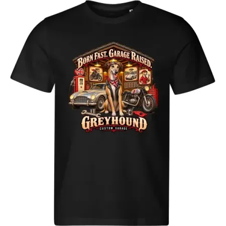 Černé pánské tričko Greyhound – Custom Garage – psí motorkářský motiv